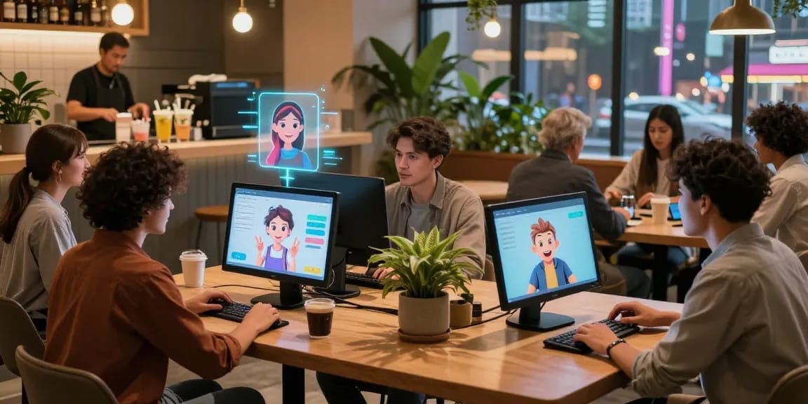 Engaging scene of users interacting with crushon ia AI chatbots in a vibrant digital cafe.