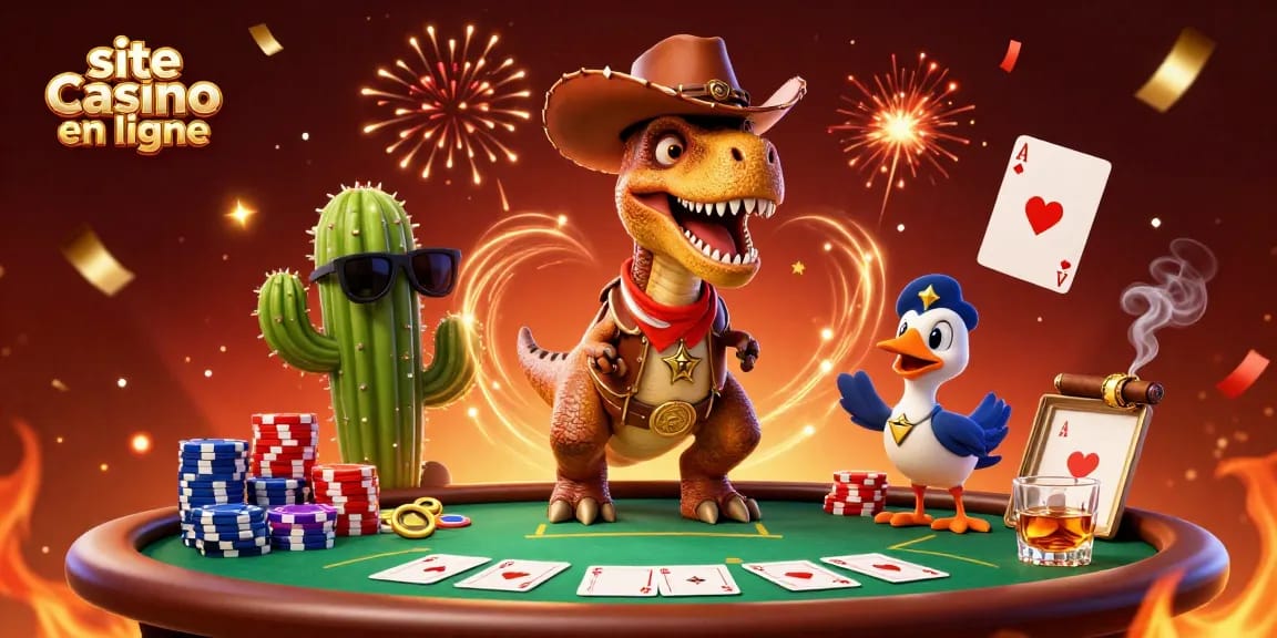Jouez sur site casino en ligne avec un T-Rex cartoon, une ambiance festive et des éléments de poker.