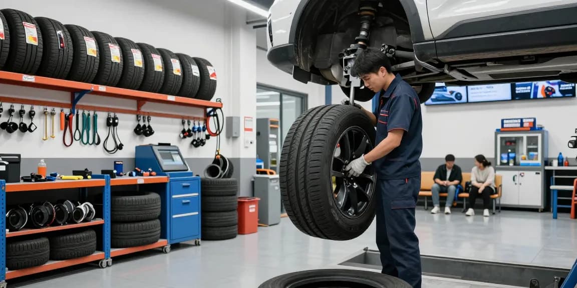 Best tire shop near me showcasing tire technician inspecting vehicle with tires displayed.