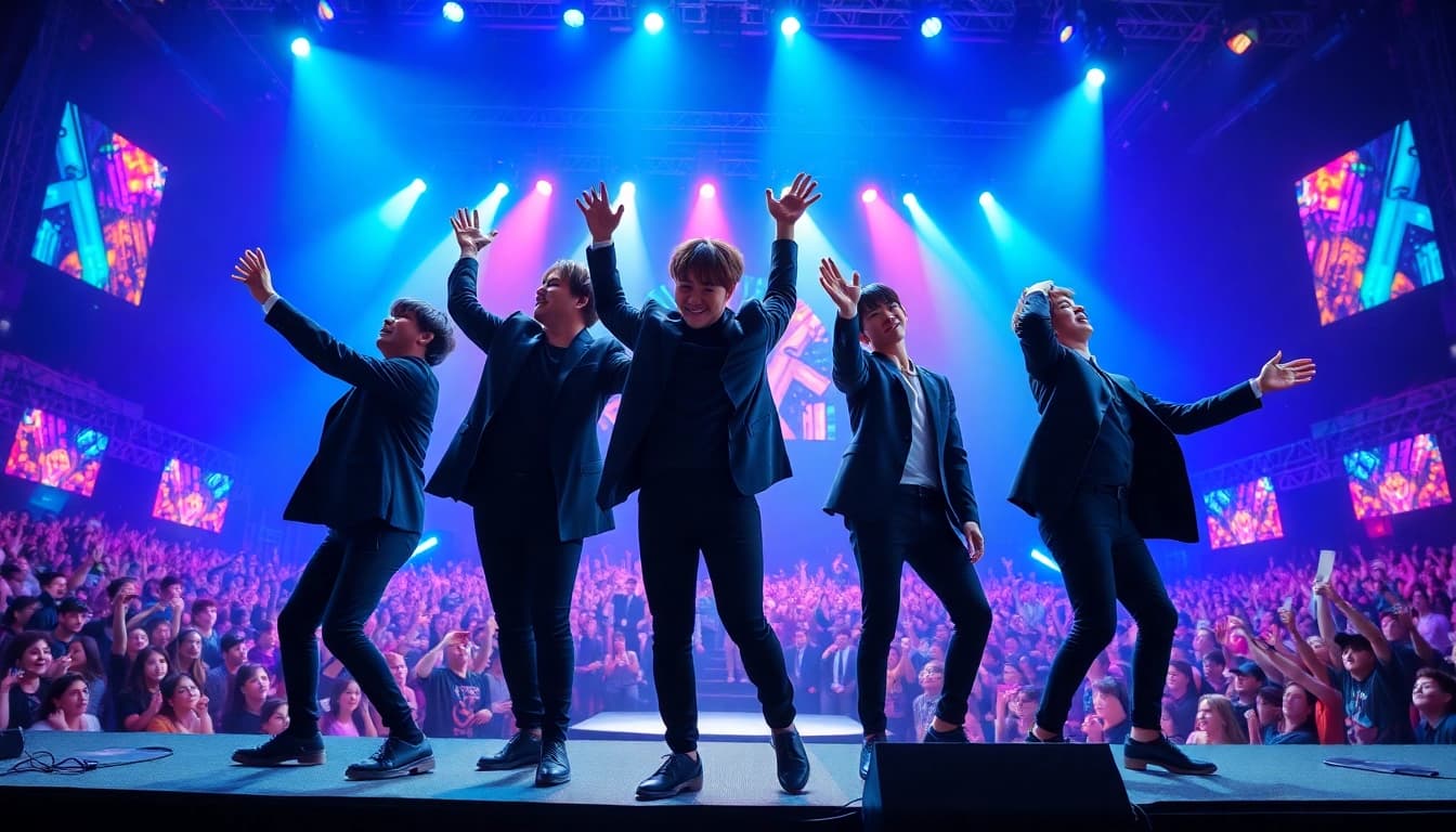 Engaging BTS news updates with the band performing energetically on stage.