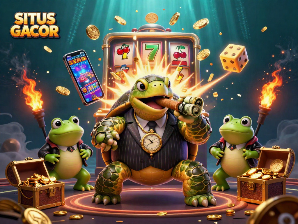 SITUS GACOR offers an engaging look at a whimsical casino scene featuring a turtle mobster and bullfrog enforcers.