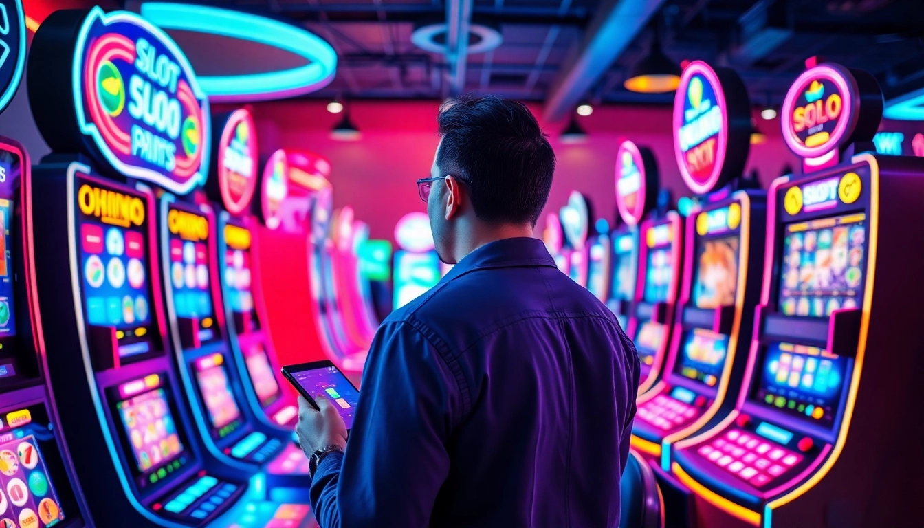 Permainan slot pulsa 5000 yang menarik dengan suasana ceria dan mesin slot digital yang berwarna-warni.