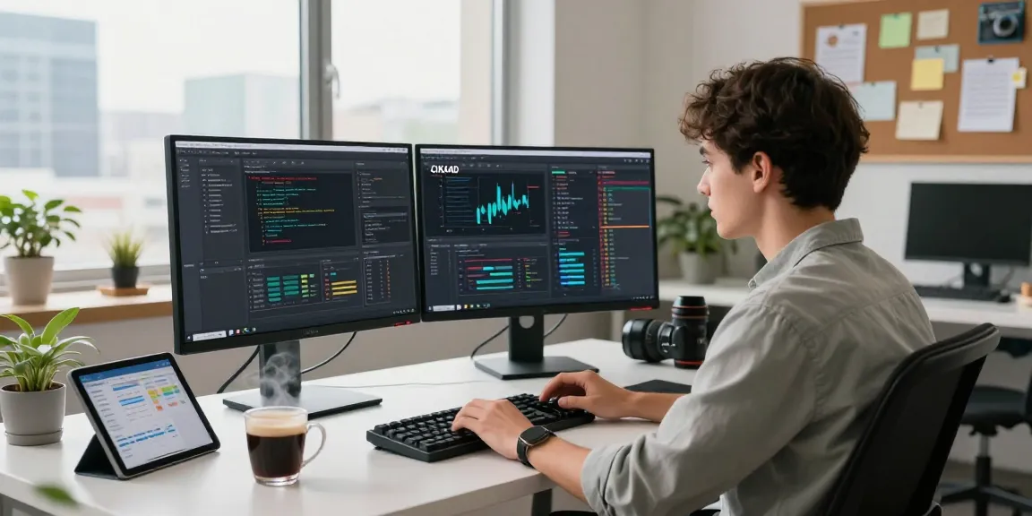 Dynamic workspace with a coder engaged in software development for cika4d, showcasing modern tech tools and analytics.