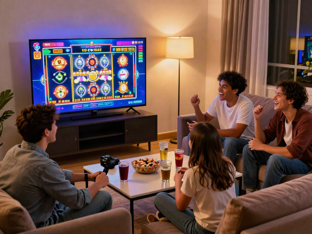 Friends enjoying a casino online game at home, vibrant atmosphere with snacks and drinks.