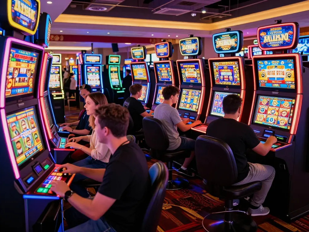 Players joyfully engage in slot bet 200 at a vibrant casino, captured in a lively atmosphere.