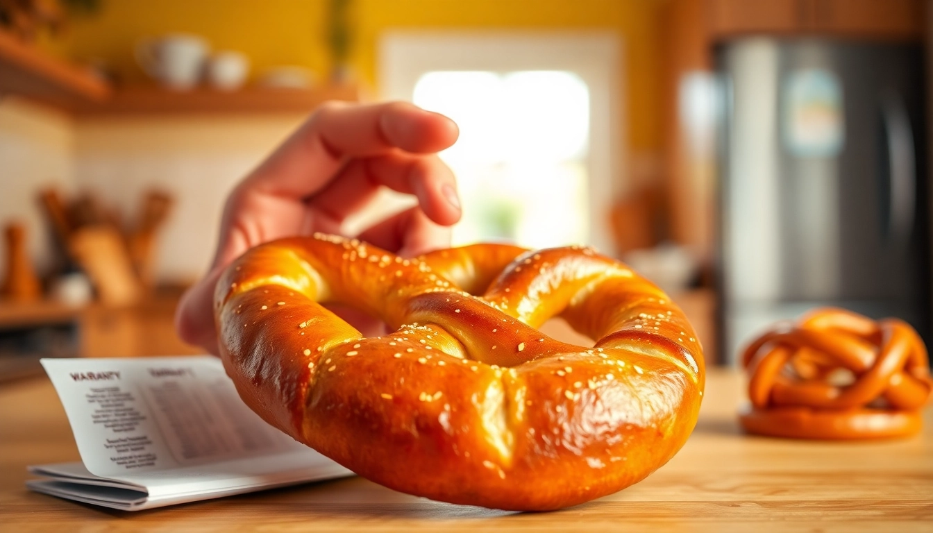 Showcasing pretzel warranty reviews and trust with a close-up of a hand examining a golden-brown pretzel, highlighting quality.