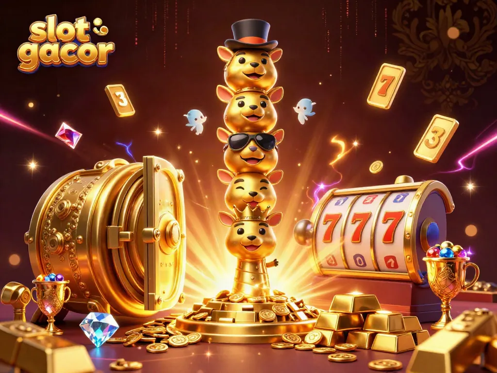 Engage with slot gacor excitement in a vibrant 3D casino illustration filled with treasures.