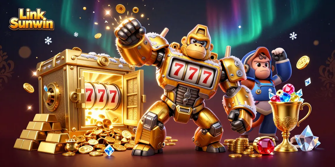 Experience the excitement of Link Sunwin through an explosive 3D casino illustration showcasing gambling elements and dynamic characters.