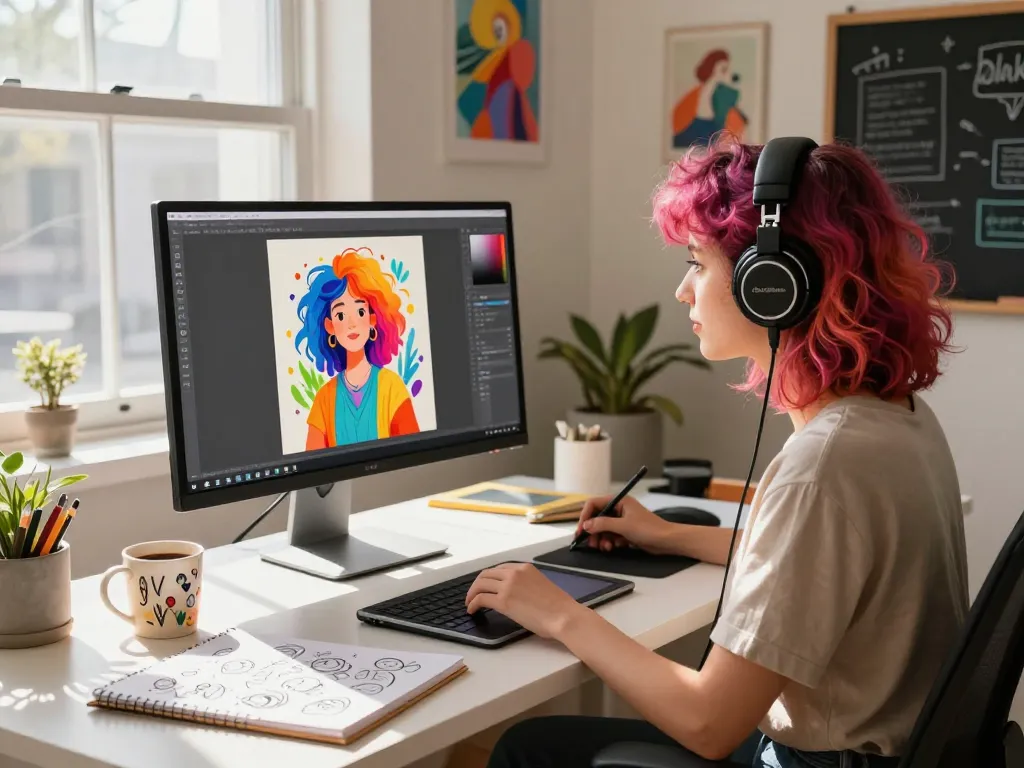 Artist using nano banana pro for creative digital artwork in a bright, inspiring workspace.
