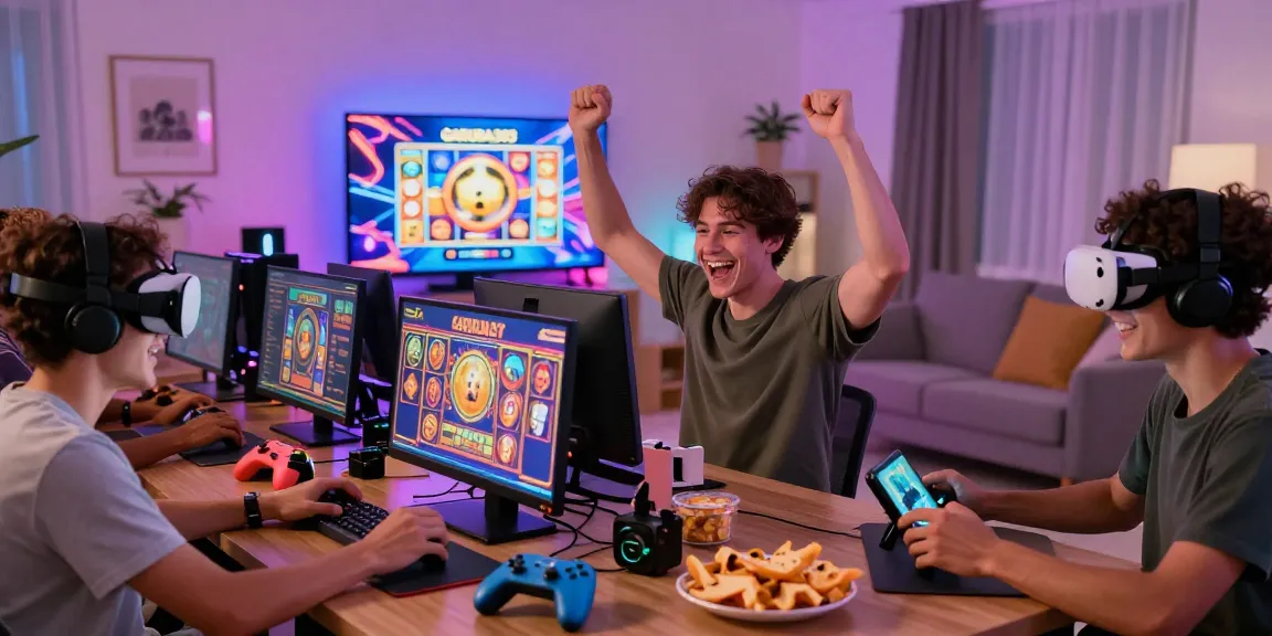 Engage in GARUDA303 login excitement with players celebrating wins in a cozy group gaming setting.