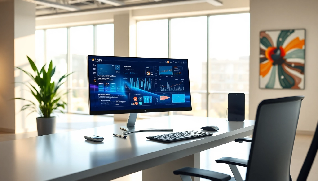 Technology workspace featuring a modern desk setup with innovative software and natural light.