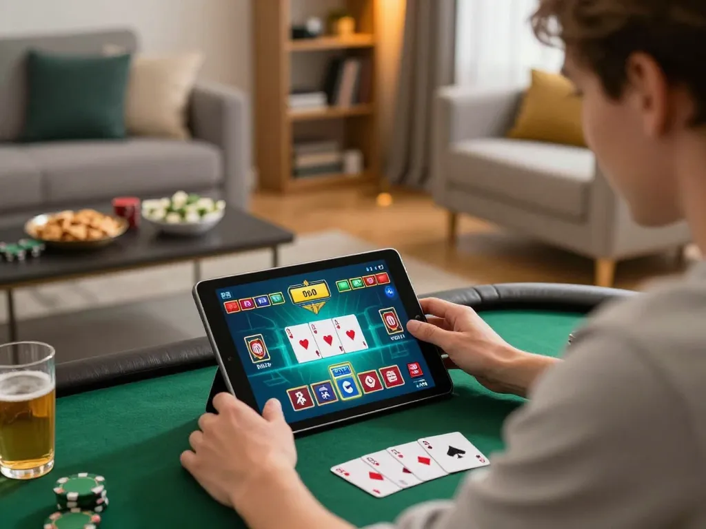 Engaging scene of a player using sunwinapk on tablet for poker in a cozy home setup.