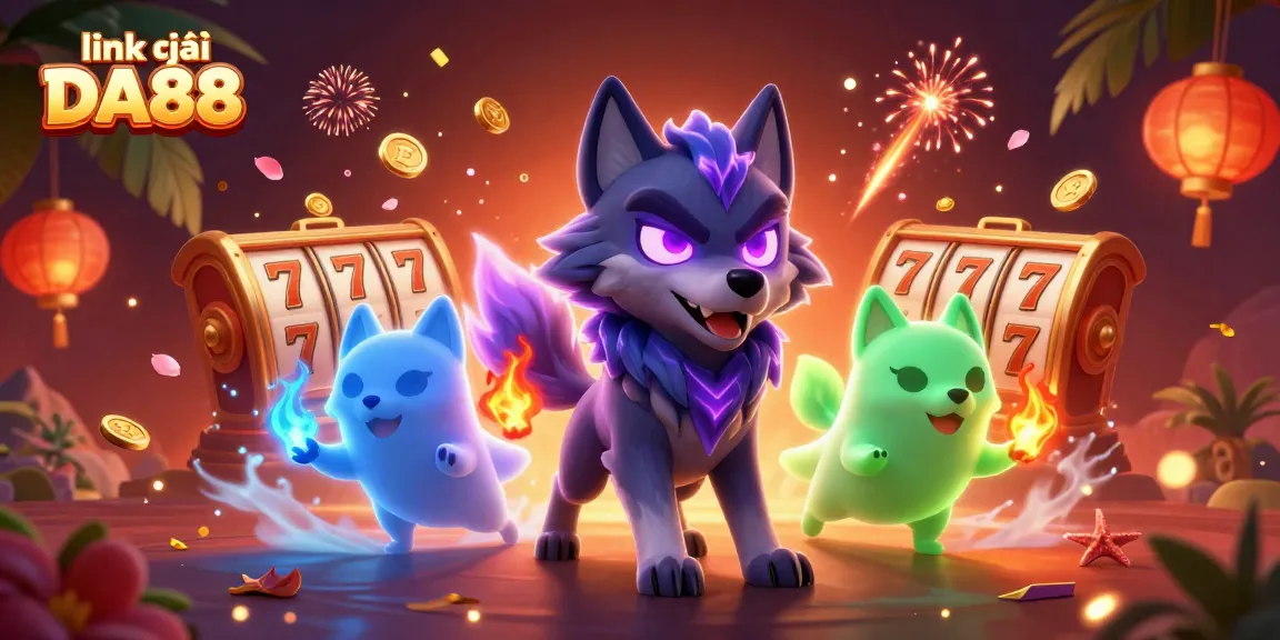 Experience thrilling gameplay at link vào DA88 with a vibrant 3D casino scene showcasing slot reels and festive elements.