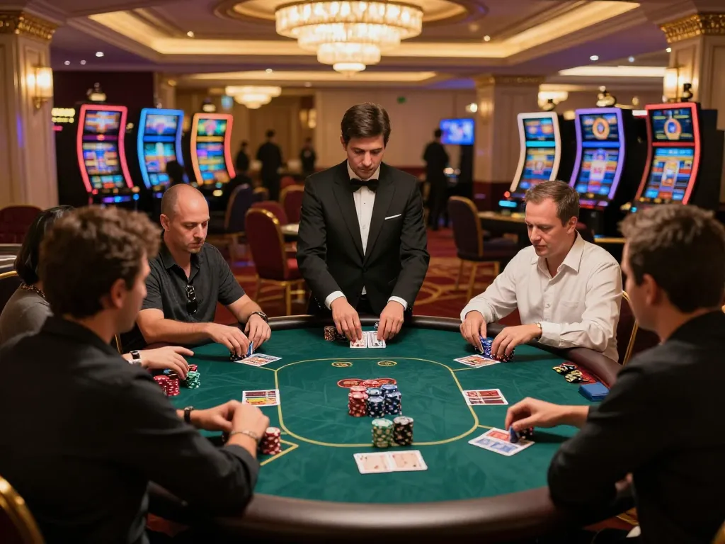Competitive high-stakes poker game at 388bet's exclusive VIP table, showcasing strategy and excitement.