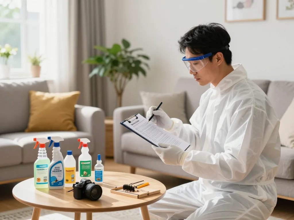 Pest prevention tips demonstrated by a pest control expert inspecting home areas for potential infestations.