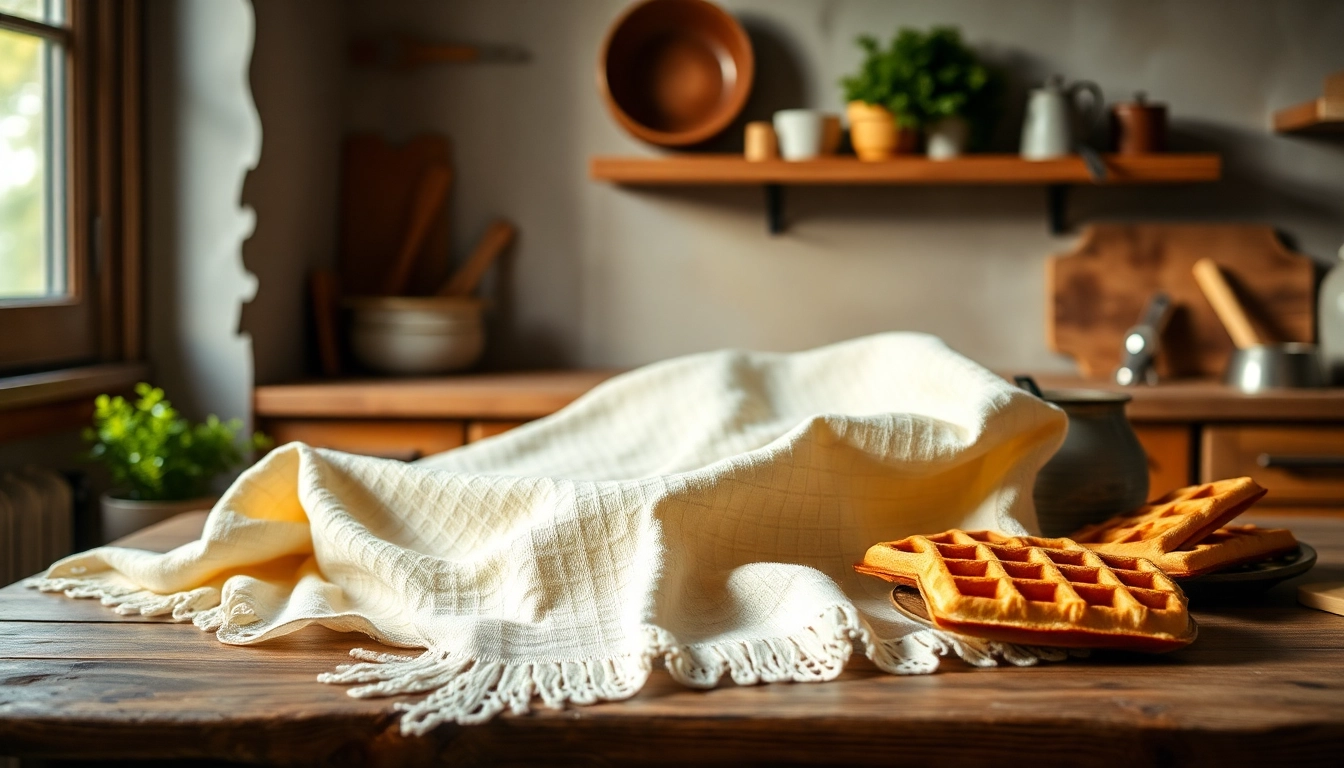 Wafeldoek mooi gepresenteerd op een houten tafel met een rustieke uitstraling.