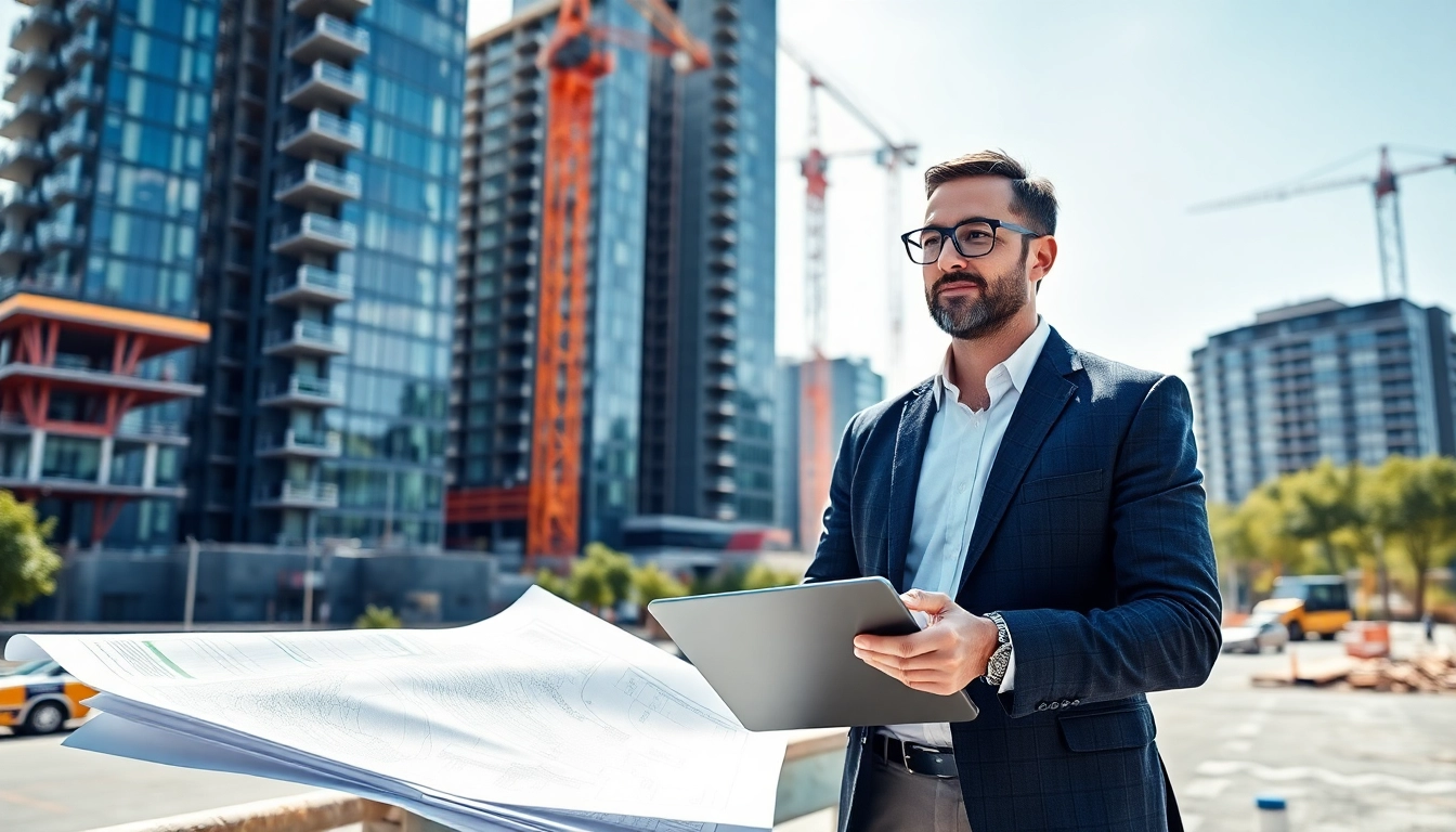Real Estate Development professional overseeing construction with blueprints and cranes in background.
