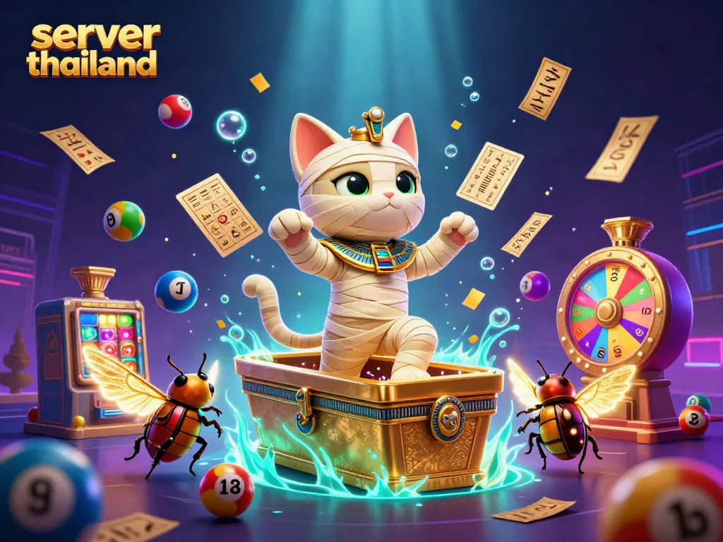 Experience thrilling casino excitement with the Egyptian mummy cat in server thailand, surrounded by lottery and gaming elements.