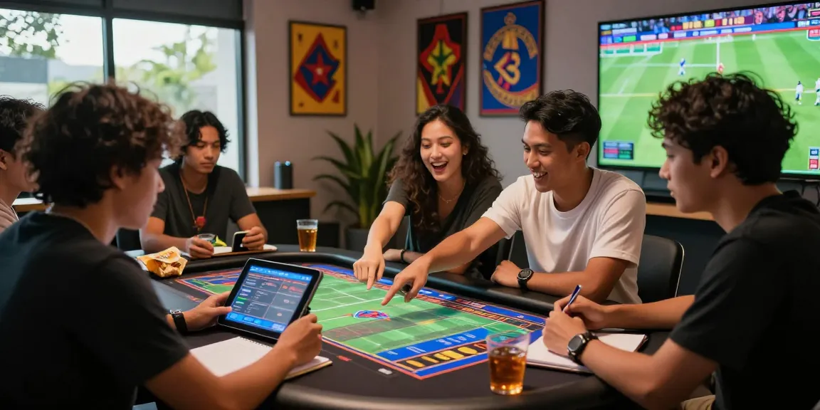 Engaging friends enjoying Bandar Bola sports betting excitement at a modern gambling setup with vibrant screens and social ambiance.