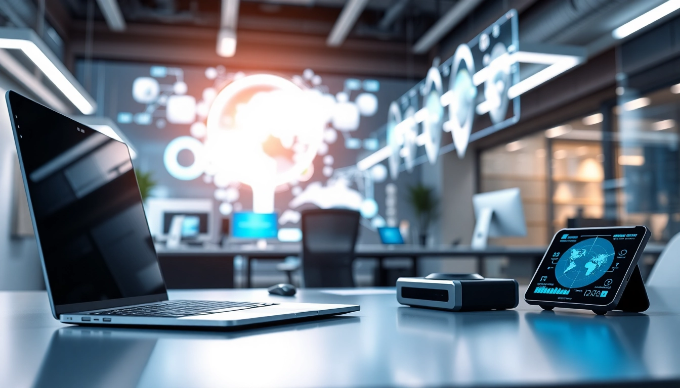 Showcasing technology in a dynamic office with sleek devices and modern digital interfaces.