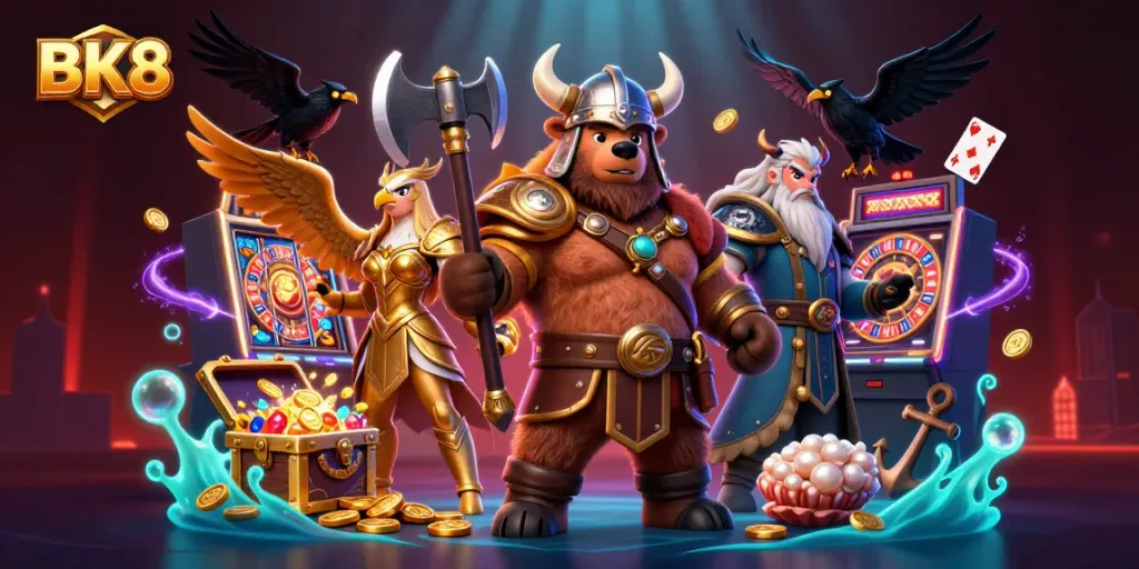 Experience the thrill of BK8's casino with a vibrant 3D Viking and Valkyrie scene, overflowing with game elements!