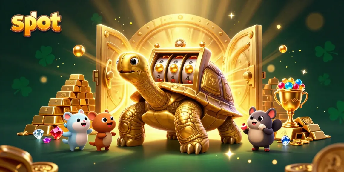 Engaging scene of slot games with a tortoise-shaped slot machine and excited players aiming for big wins.