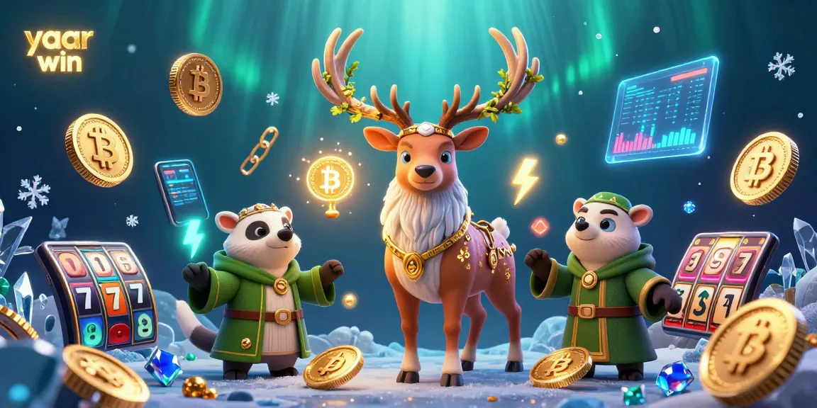 Experience yaar win excitement with a vibrant 3D casino scene filled with slot reels, coins, and characters!