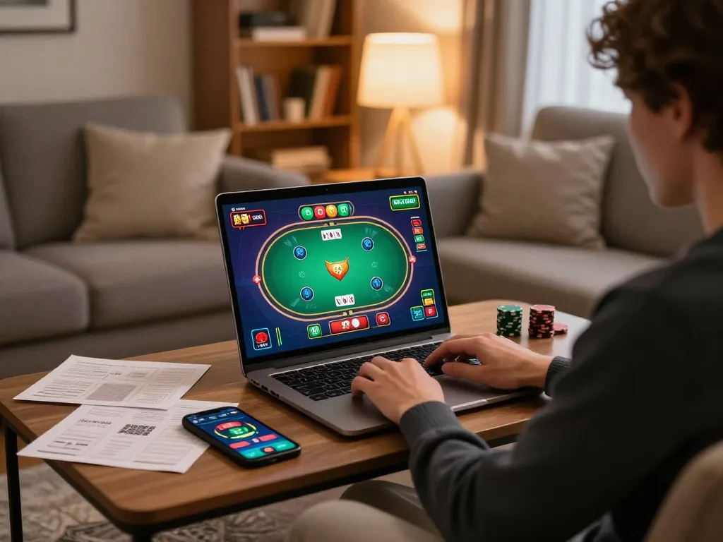 Player enjoying online gaming at home while using fly88 platform on a laptop with colorful poker interface.