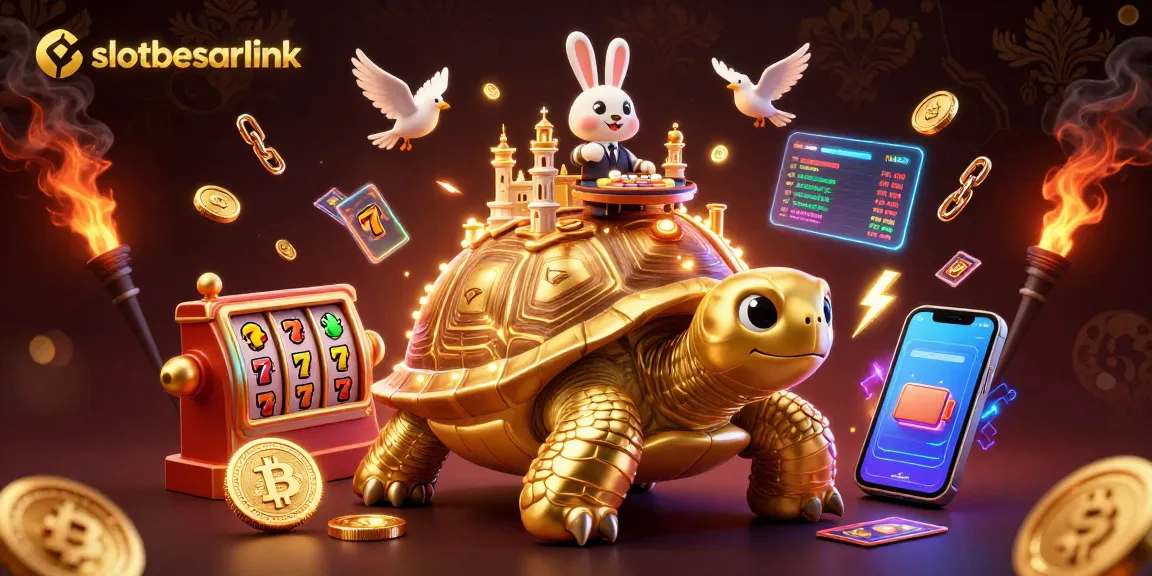 Experience excitement in slotbesarlink with a vibrant casino scene featuring a golden tortoise and a rabbit dealer.