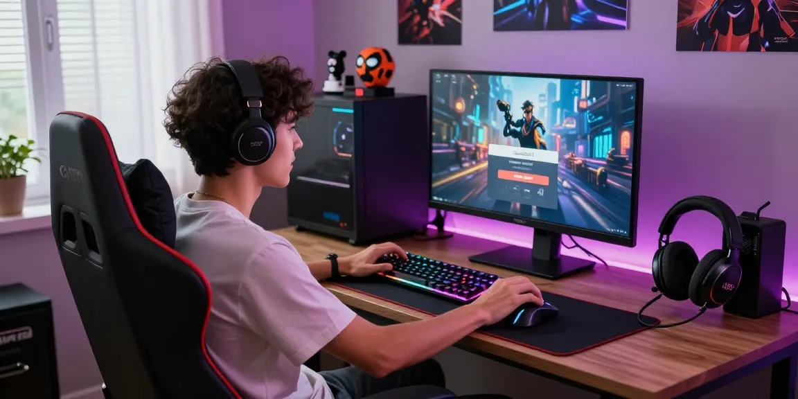 Young gamer using garuda303 login on a high-resolution monitor in a vibrant gaming setup.