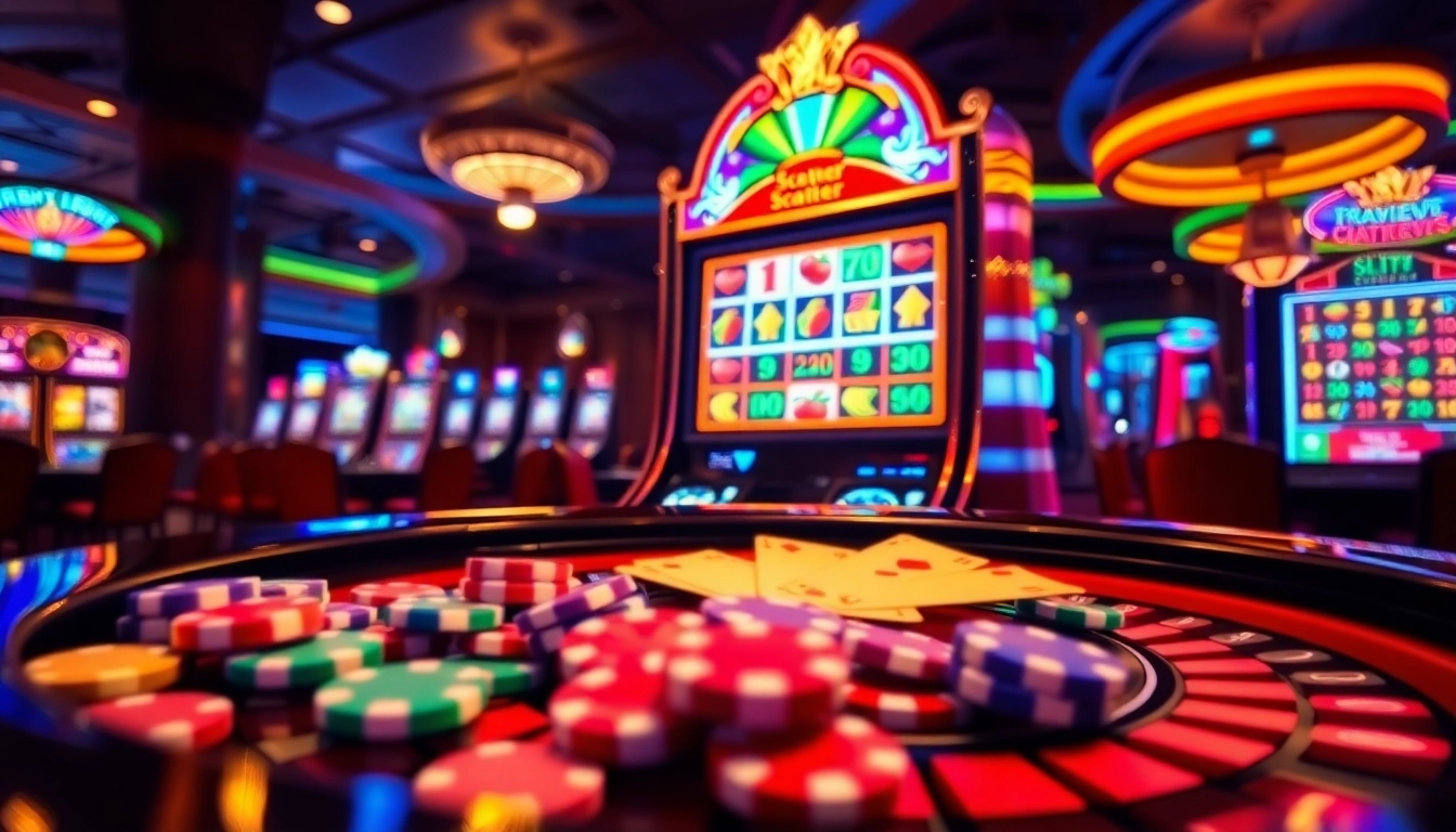 Experience the excitement of slot demo scatter hitam with vibrant casino visuals featuring slot machines and poker chips.