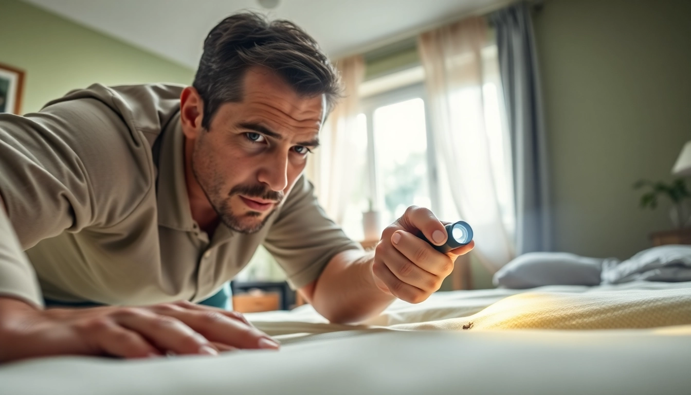 Inspecting for bed bugs in a cozy bedroom by a bed bug company near me professional.