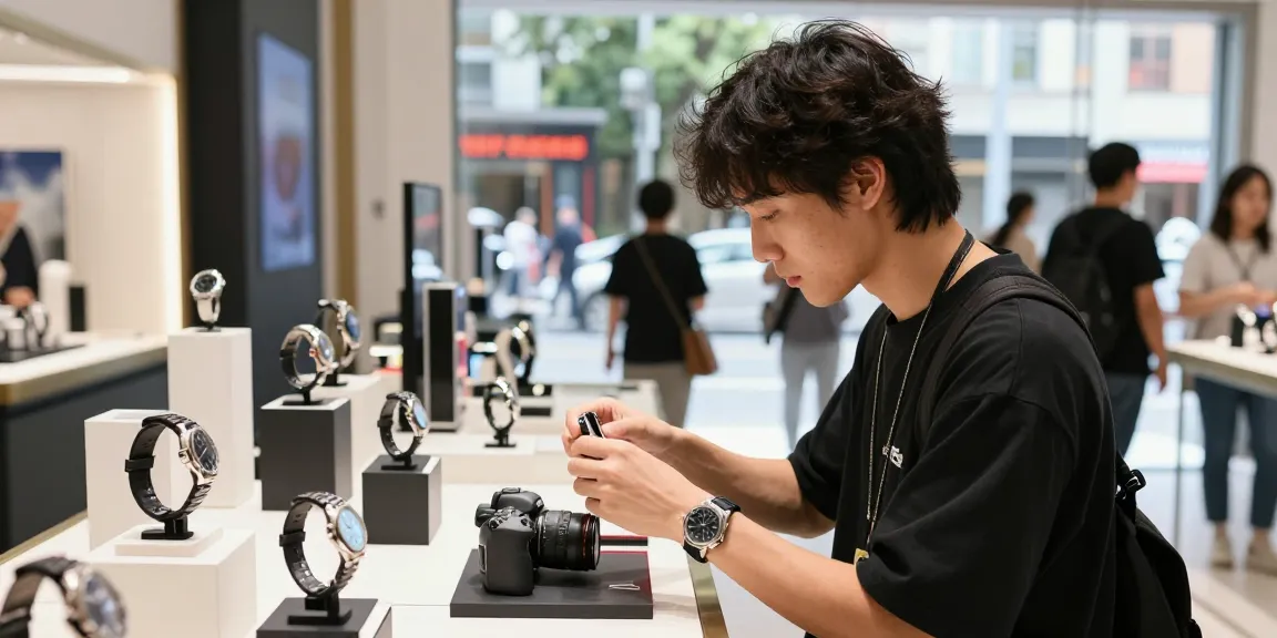 Fashionable individual exploring 시계 레플리카 in a chic urban shopping setting, showcasing luxury timepieces.