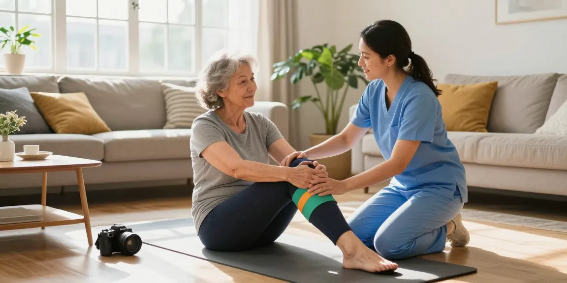 In-home physiotherapy Burlington with therapist guiding senior in knee exercises.