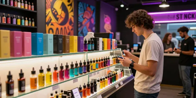 Colorful e-liquid vape juice selection in a modern vape shop atmosphere.