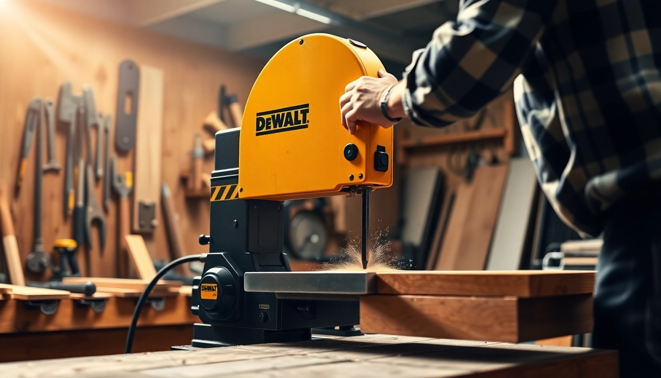 The DeWalt band saw slicing through lumber with precision, demonstrating its superior performance and features.
