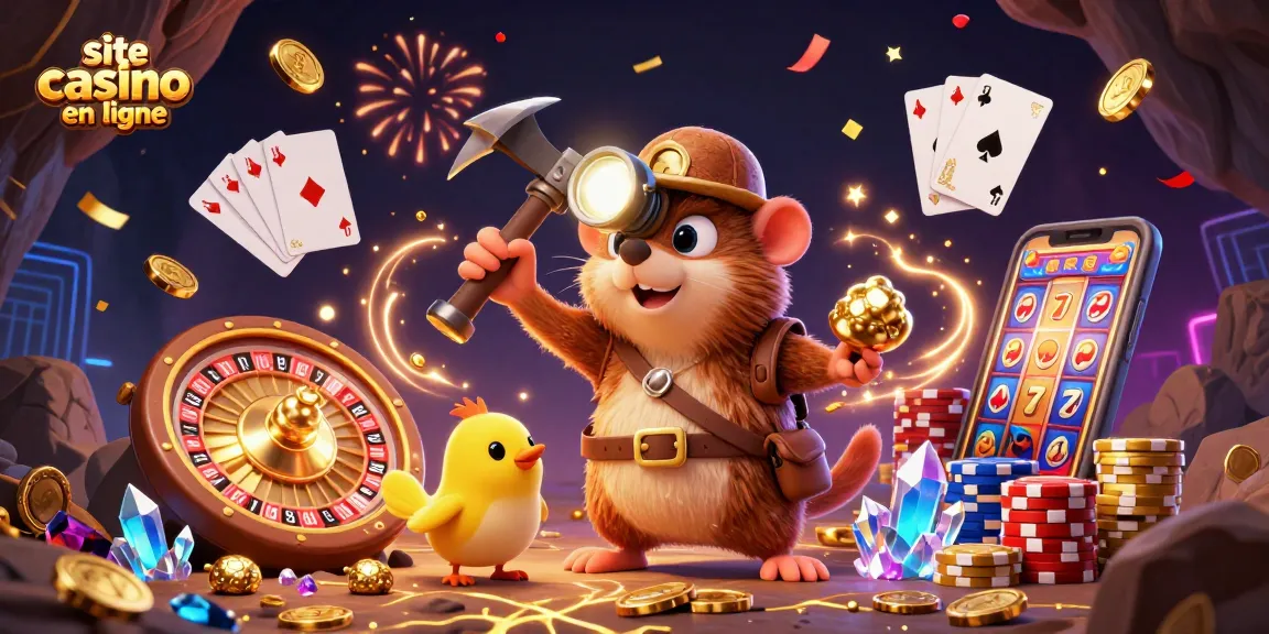 Minez des trésors sur site casino en ligne avec un chasseur de trésors et des éléments de casino vibrants.
