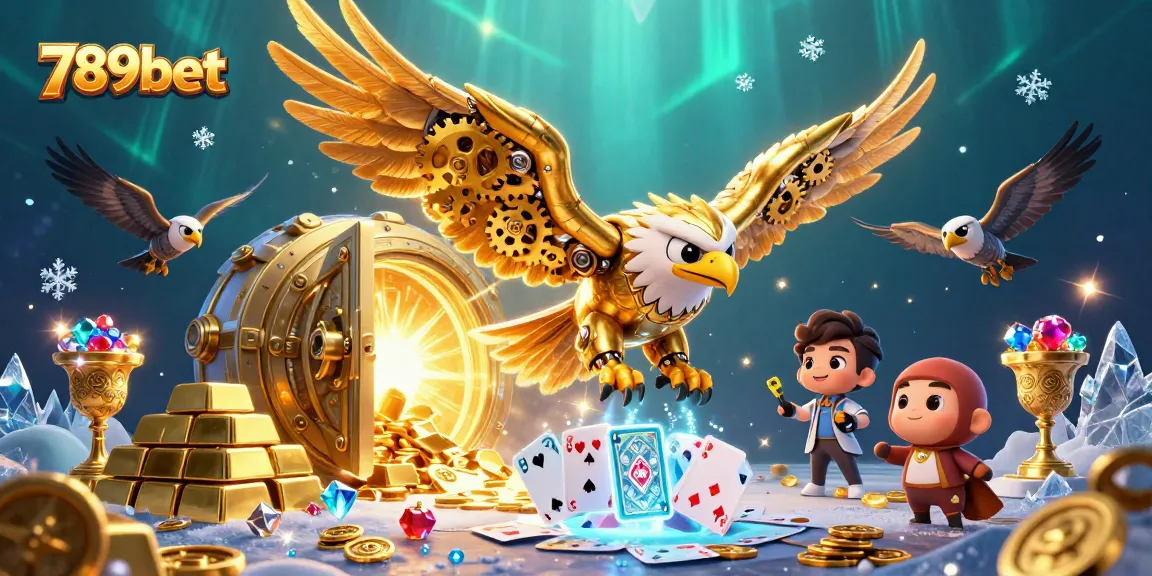 Experience the excitement of 789bet with a dynamic illustration of a soaring golden eagle amidst holographic cards and treasures.
