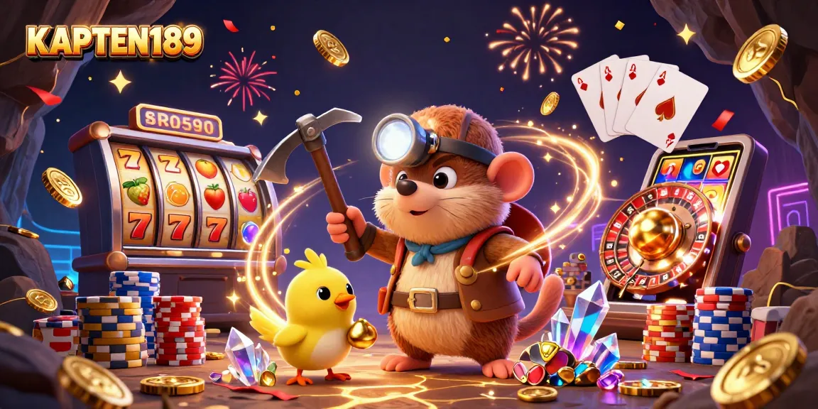KAPTEN189 mengungkap pengalaman bermain slot online dengan jackpot berkilau dan karakter berwarna cerah.