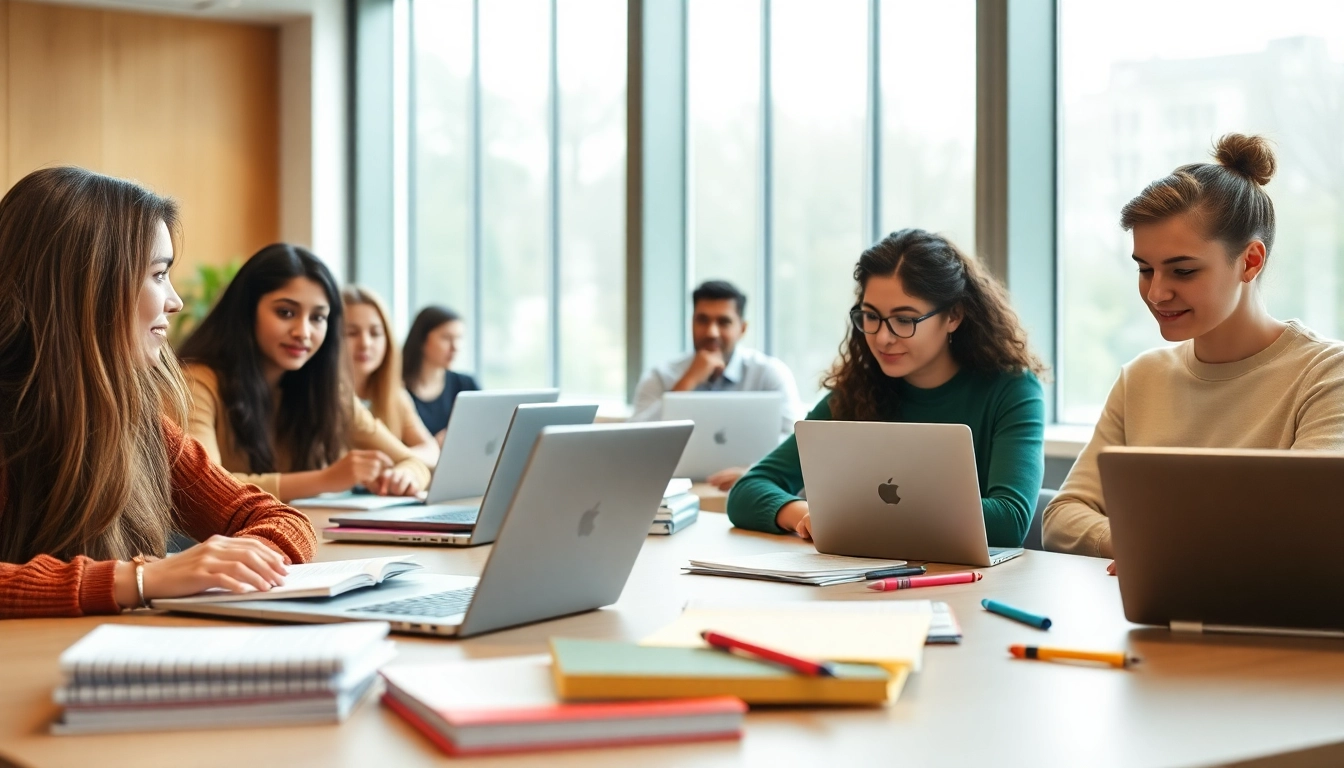 Engaged TOEFL test takers for hire collaborating in a bright study setting.