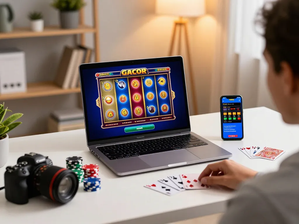 Engaging gameplay on a slot gacor machine displayed on a laptop, with poker chips nearby.