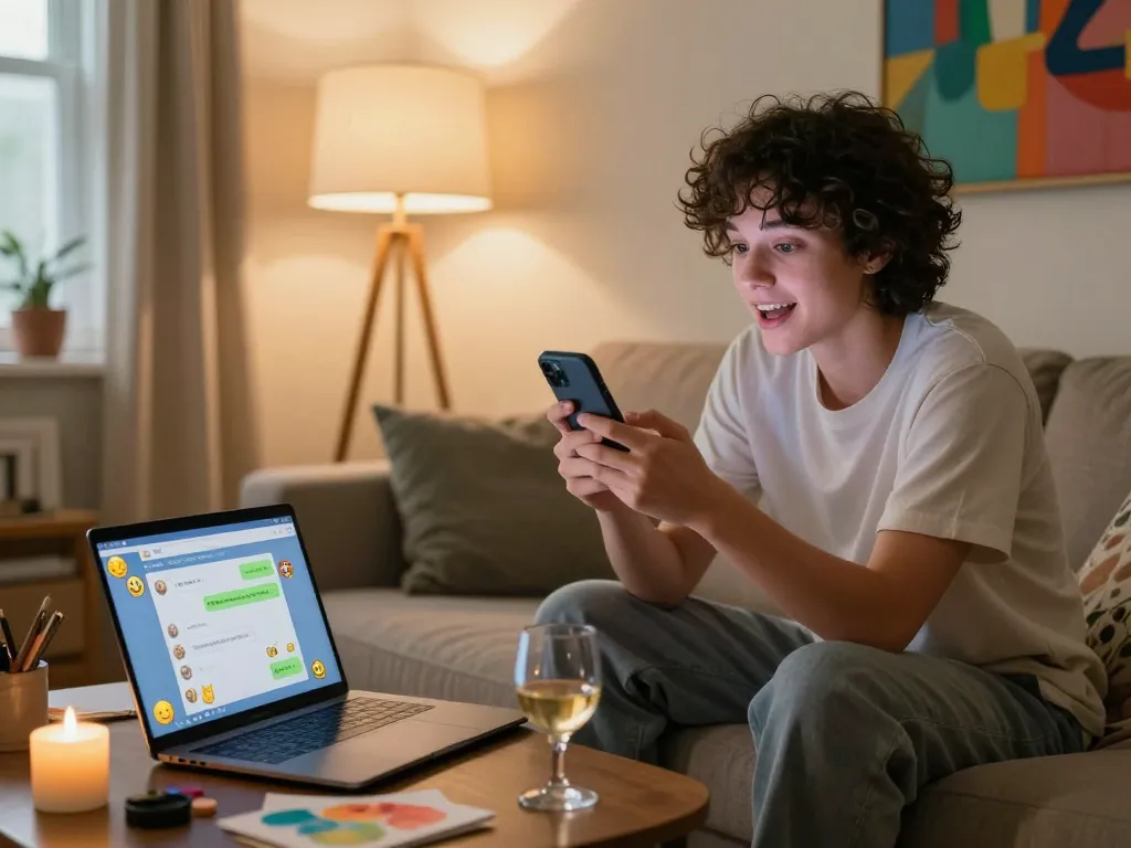 Engaging in playful nsfw ai chat on a smartphone in a cozy apartment setting.