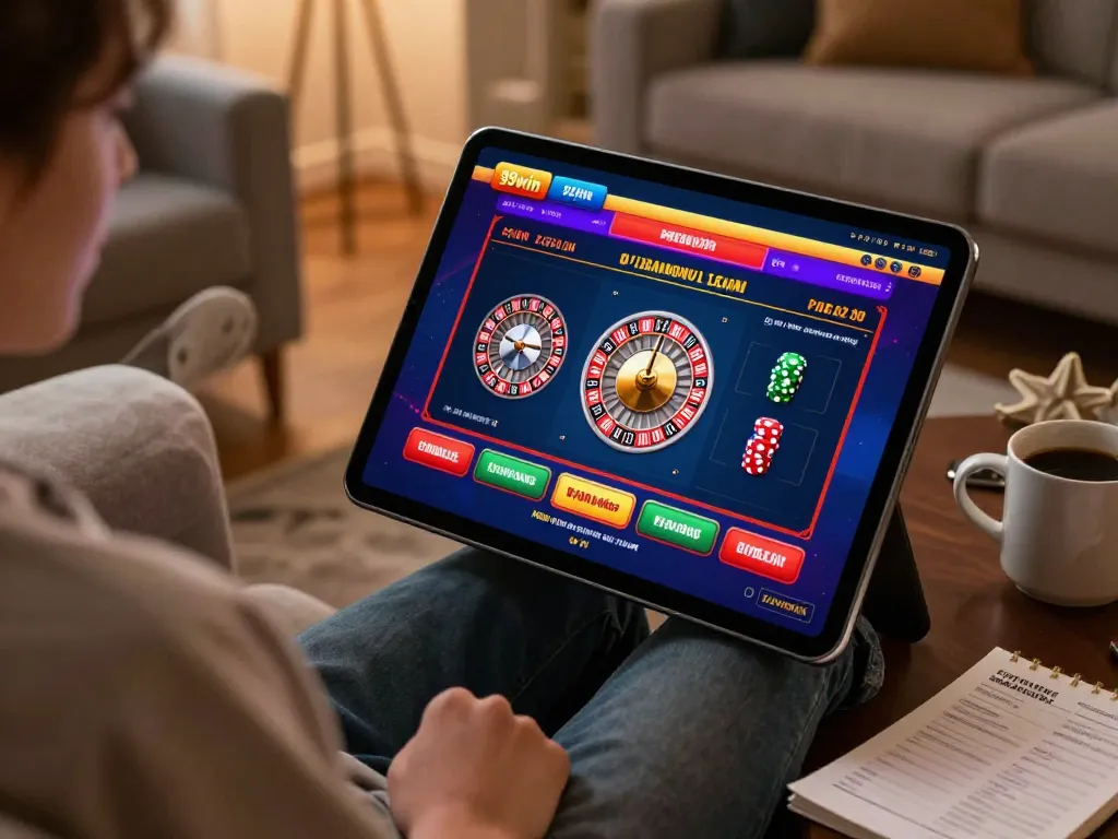 Engaged player enjoying a dynamic 99win roulette game on a tablet in a cozy living room.