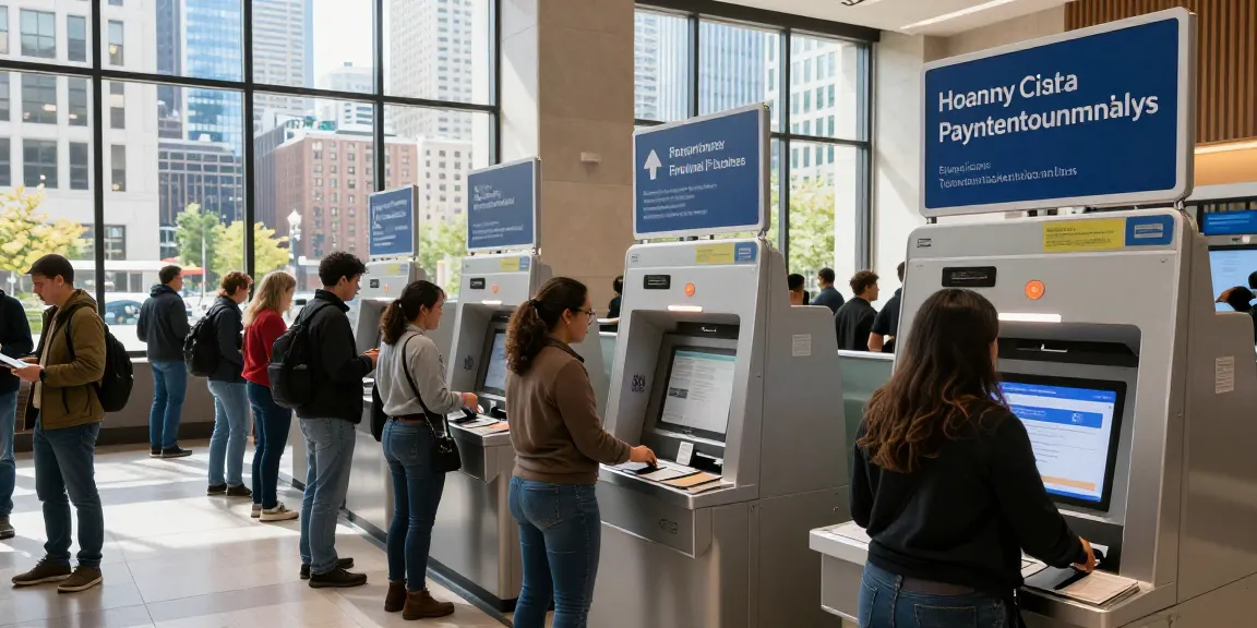 Customers engaging with 시카고페이 kiosks for quick payment solutions in Chicago's financial hub.