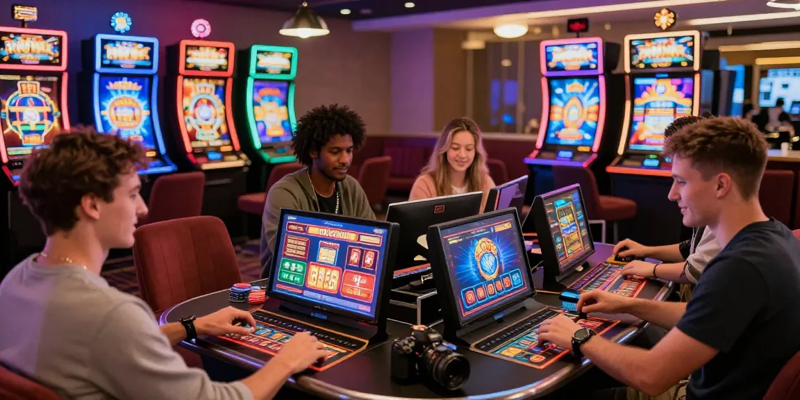 Engaging gameplay at credit card casinos UK, showcasing players enjoying online slots and card games in a lively atmosphere.