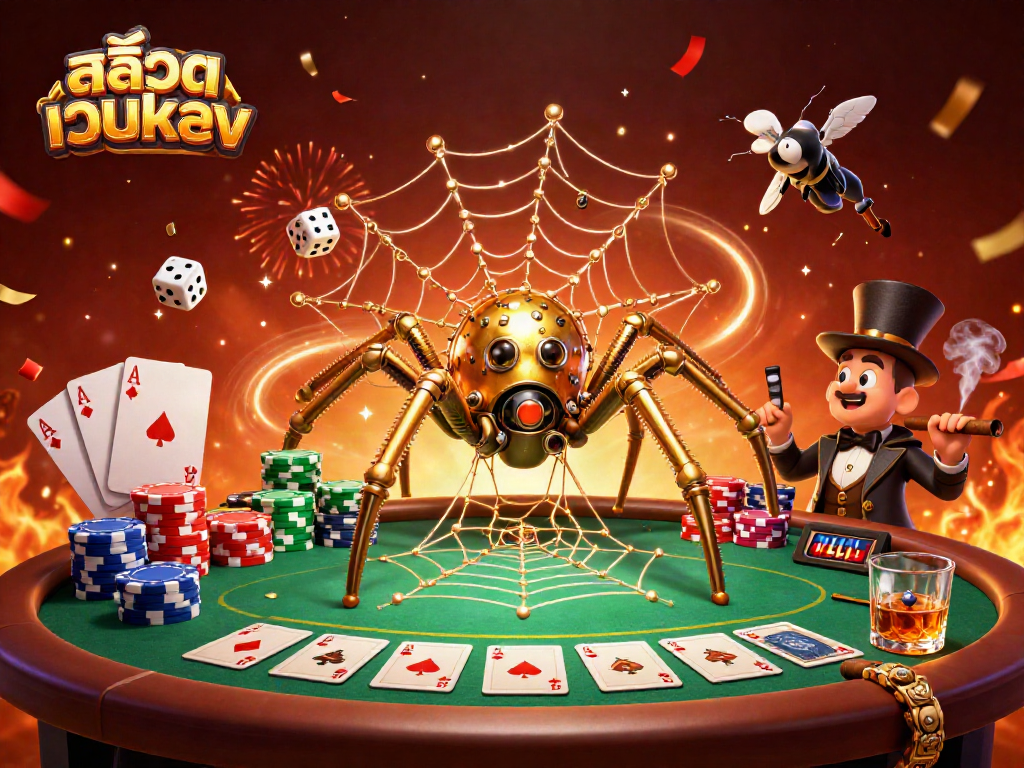 Experience สล็อตเว็บตรง with the steampunk spider and whimsical fly in a vibrant casino scene.