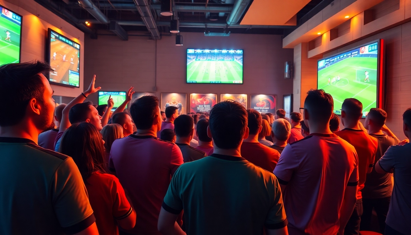 Excited fans engaging with kèo nhà cái while watching a live football match in a vibrant sports bar.
