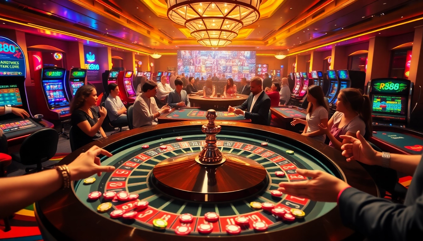 Exciting casino scene at RR88 featuring roulette table and vibrant players enjoying gambling.