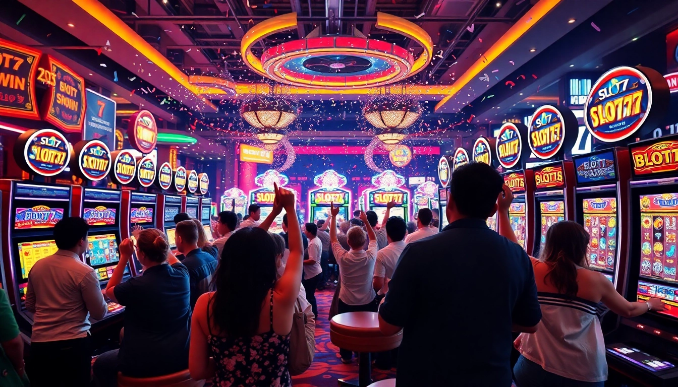 Slot77 mesin slot dengan pemain merayakan kemenangan di kasino yang cerah