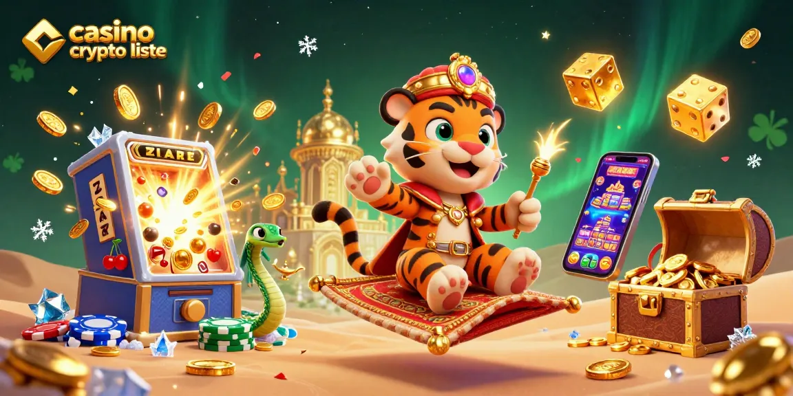 Une scène richement détaillée avec un sultan tigre sur un tapis volant de jetons illustrant la liste des casinos crypto, jouant avec des éléments de jeux